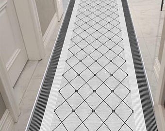 Modern Hallway Runner Rug Non Slip Washable Long Corridor Carpet Black White Geometric Design, Vopteks-5214521458744