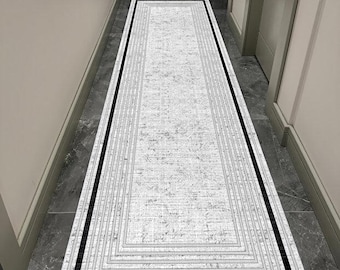 Neutral Grey Long Runner Rug with Black Frame Design Non Slip Hallway Entryway Kitchen Floor Carpet, Vopteks-5874961055335