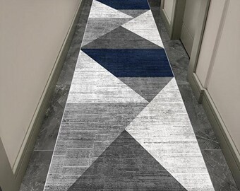 Blue Grey Hallway Runner Rug Non Slip Washable Modern Geometric Long Carpet for Entryway Kitchen Bedroom, Vopteks-6325523600182