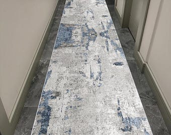 Runner Rug Non Slip Washable Hallway Entryway Kitchen Modern Abstract Blue Grey Carpet, Vopteks-9874512015980