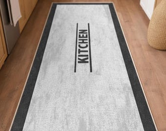 Grey Long Kitchen Runner Rug with Framed Border Design Non Slip Minimalist Floor Mat, Vopteks-1005889669056