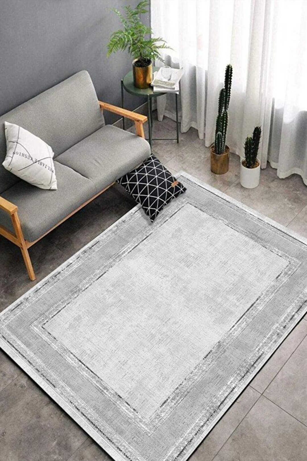 Grey Border Area Rug With Soft Texture and Subtle Pattern, Modern Anti ...