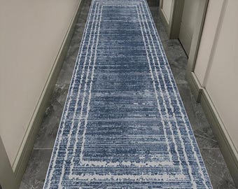 Blue Hallway Runner Rug Non Slip Washable Kitchen Carpet Long Modern Area Rug for Entryway, Vopteks-5874961054110