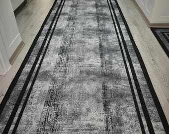 Grey Black Hallway Runner Rug Non Slip Washable Modern Long Carpet for Entryway Kitchen Bedroom, Vopteks-9990502064424