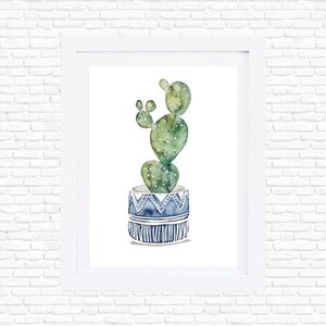 May include: A watercolor painting of a green cactus in a blue and white patterned pot. The cactus has a unique shape with multiple segments.