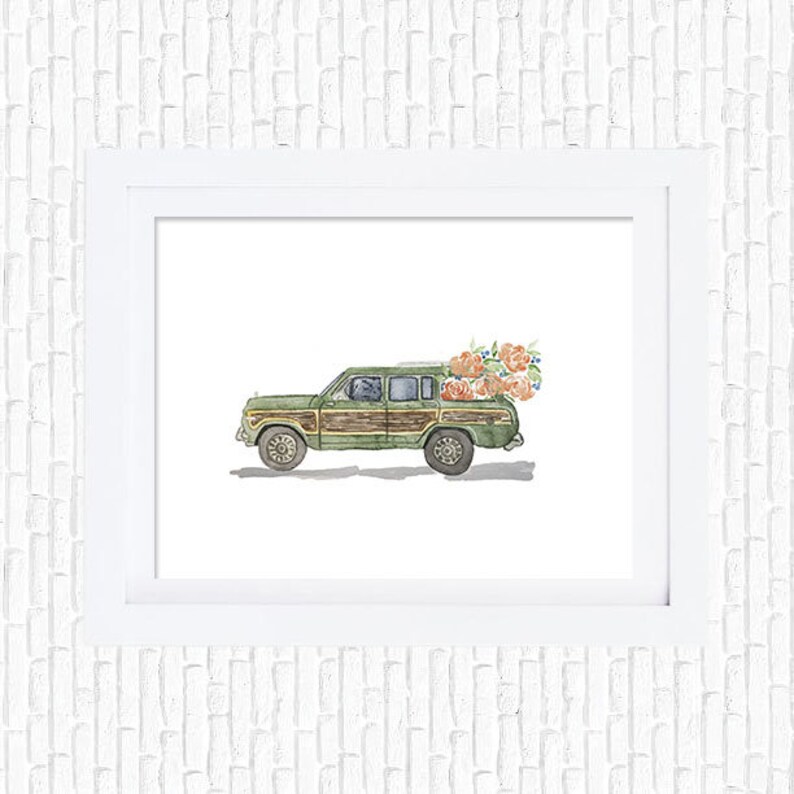 Station Wagon Vintage Car Watercolor Flowers Florals Home Decor Spring Decor Art Print image 1