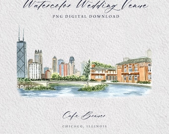 Cafe Brauer Chicago, Illinois - Wedding Venue Watercolor Illustration PNG Digital Download DIY Wedding Invitations