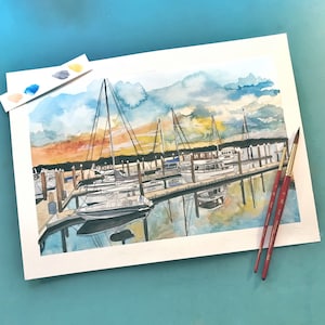 Watercolor Landscape Portrait Water Scene Lake Mountains Ocean