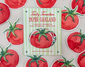 Tasty Tomatoes Fruit Produce Vegetable Watercolor Paper Garland | Whimsical Decorative Hanging Decor for Wall Mantel