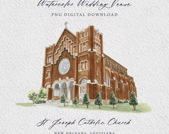 St. Joseph Catholic Church New Orleans, Louisiana Wedding Venue Watercolor Illustration PNG Digital Download DIY Wedding Invitations