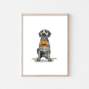 Trick or Treat Spooky Black Chocolate Yellow Lab Dog Puppy Pumpkin Skeleton Halloween Fall Art Print Wall Decor