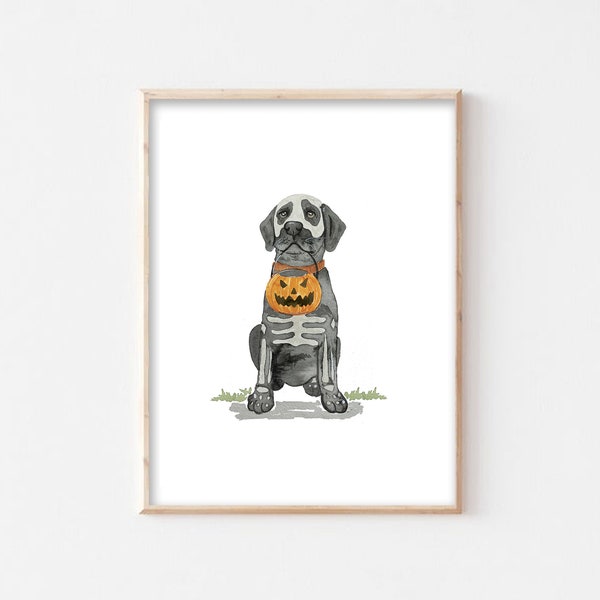 Spooky Lab Puppy Halloween Art Print: Skeleton Dog with Pumpkin