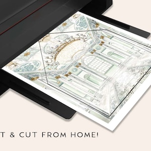 May include: A black and white printable design of a grand, ornate room with a chandelier and a geometric frame. The design is being printed on a home printer.