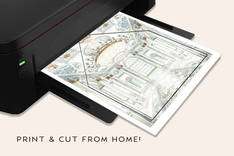 May include: A black and white printable design of a grand, ornate room with a chandelier and a geometric frame. The design is being printed on a home printer.