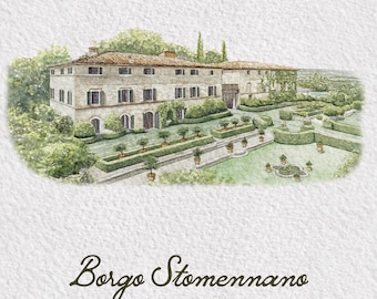 Borgo Stomennano Monteriggioni Italy Wedding Venue Watercolor Illustration PNG Digital Download DIY Wedding Invitations