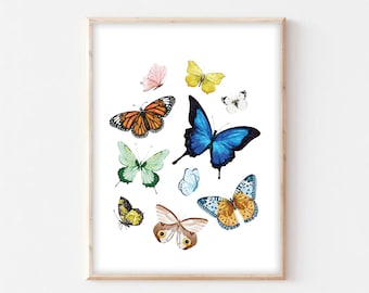 May include: A watercolor painting of a collection of butterflies in various colors and patterns, including blue, green, orange, yellow, and brown. The butterflies are arranged in a random pattern on a white background.