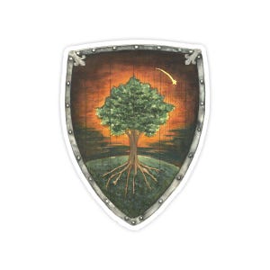 May include: A shield-shaped sticker featuring a painted illustration of a green tree with visible roots on a grassy mound. The background shows a dark orange and brown sunset sky with a small yellow shooting star in the upper right corner.