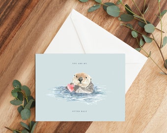 You're My Otter Half Valentines Day Greeting Card Watercolor Baby Animal Pun Card