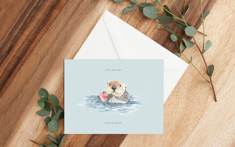 You/'re My Otter Half Valentines Day Greeting Card Watercolor Baby Animal Pun Card