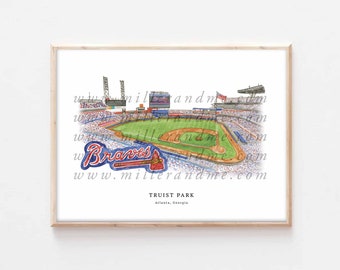 May include: A watercolor illustration of Truist Park, home of the Atlanta Braves baseball team. The illustration shows the stadium from an aerial view, with the field, stands, and surrounding area visible. The words "Braves" and "Truist Park" are written in the image.