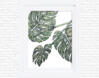 Watercolor Monstera Leaves Tropical Plants Cactus Succulents Botanical Art Print