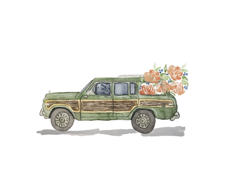 Station Wagon Vintage Car Watercolor Flowers Florals Home Decor Spring Decor Art Print image 2