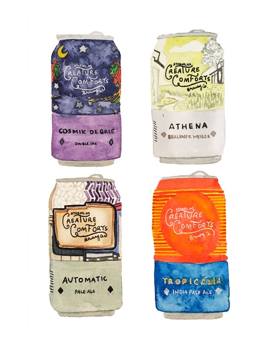 Creature Comforts Brewery Beer Cans Watercolor Art Print Etsy