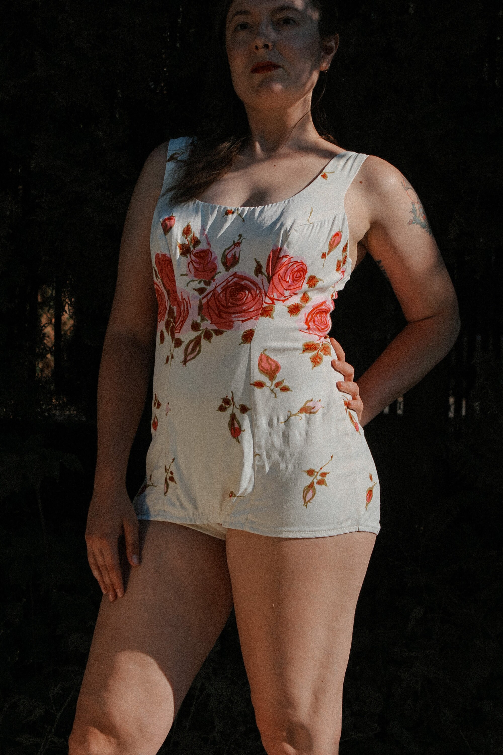 S/M | 1950s Tweka Swimsuit Pink Cream Stripe Skirted Bathing Suit