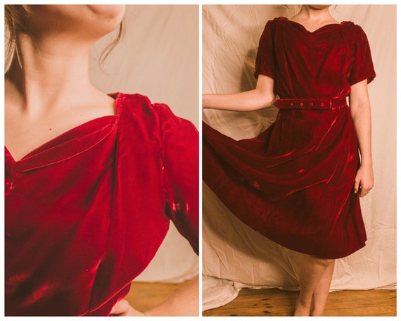1960’s lavish red velvet dress with sweetheart nec