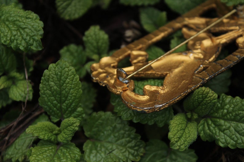 May include: A gold-toned metal brooch with a detailed design of a stylized animal. The brooch is lying on a bed of green leaves.