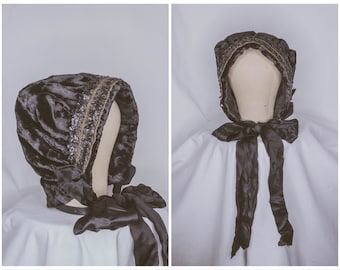 1880’s/90’s Black Velvet Bonnet with Sequin Trim and duo-tone teal lining