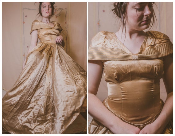 1940’s golden liquid satin ball gown