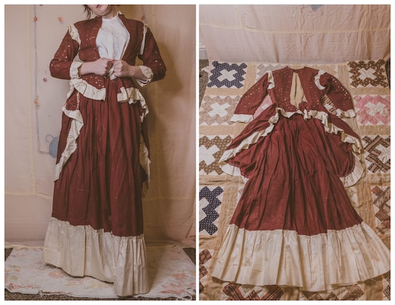 1880’s red calico 2-piece embellished dress
