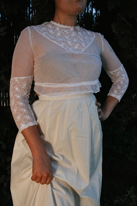 XXS/S-1910’s Cropped Embroidered Net Blouse--Please read item description before purchasing for details, measurements, and return policy!