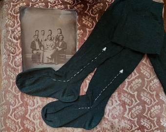 XS/S— 1920’s Wool/Cotton blend stockings with embroidered arrow