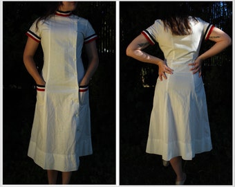 30” Waist— 1940’s/50’s Uniform Dress with Red, White, and Navy Striped Trim