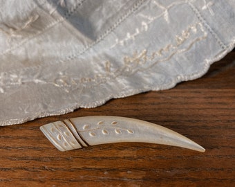 Victorian Lucky Faux “Tiger Tooth” Carved Shell Brooch