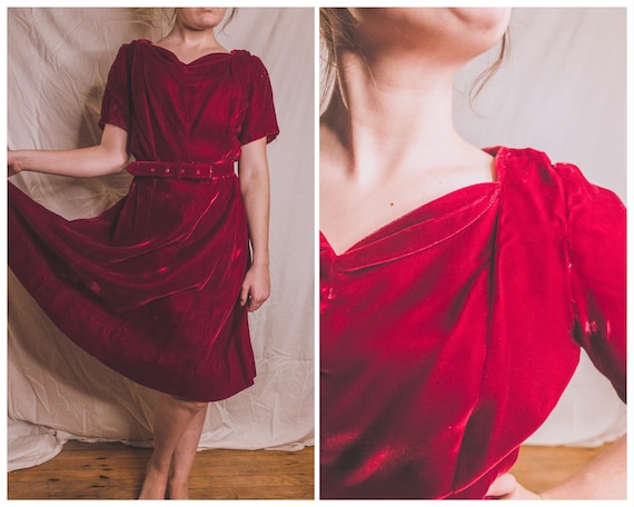1960’s lavish red velvet dress with sweetheart nec