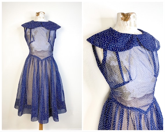 XS/S-1940s Sheer Flocked Dot Dress - Gem