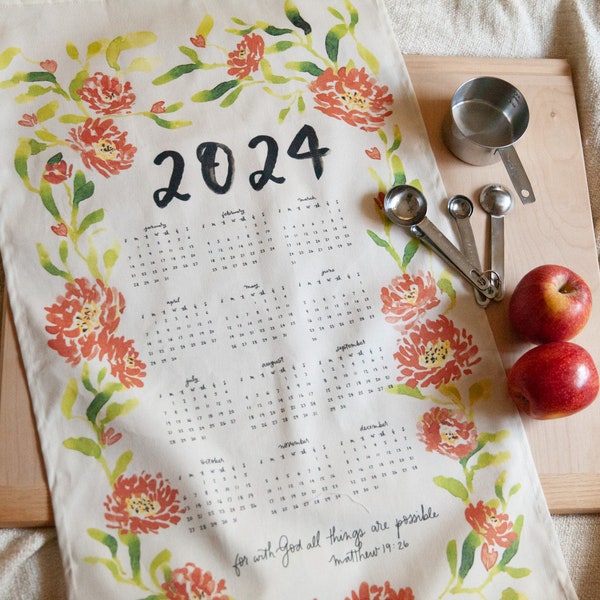 2024 Calendar Tea Towel, Red Kitchen Decor, Christmas Gift, Secret Santa, Stocking Stuffer, Gift for Mom, Gift for Grandma, Hostess Present