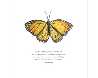 Romans 12:2 | Watercolor Monarch Butterfly | Scripture Art