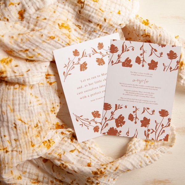 Mary's Glory Organic Cotton Swaddle, Marian Garden, Natural Dyed Blanket, Marigolds, Mary's Mantle, Baptism Gift, Catholic Receiving Blanket