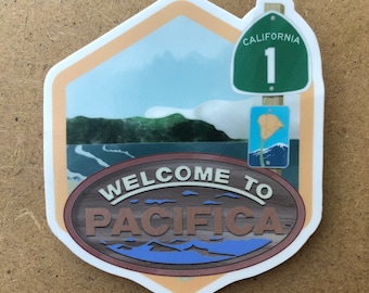 パシフィカ ウェルカム サイン ステッカー | カリフォルニア コースト ハイウェイ 1 | 道路沿いの風光明媚なハイウェイ | PCH マナー サンフランシスコ シャープ パーク リンダ マー ベイ エリア