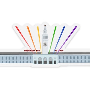 May include: A sticker featuring a white building with a clock tower and a rainbow arch over the top. The building has the text "SAN FRANCISCO" and "PORT 70" on either side of the tower.