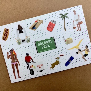 May include: A set of colorful stickers featuring various illustrations, including a hot dog, a palm tree, a beer can, a popsicle stand, a person holding a rainbow flag, a person in a yellow shirt, and a sign that reads "Dolores Park".