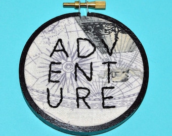 Adventure Hoop Art - Modern Hand Embroidery Decor. Wanderlust Ornament. Travel Gift Idea. Travel Inspo Small Space Wall Hanging