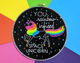 Unicorn Embroidery Art - Neon Rainbow Space Unicorn BFF Sign. Galentine's Day Gift. Funny Gift for Her. Rainbow Room Decor. Made to Order