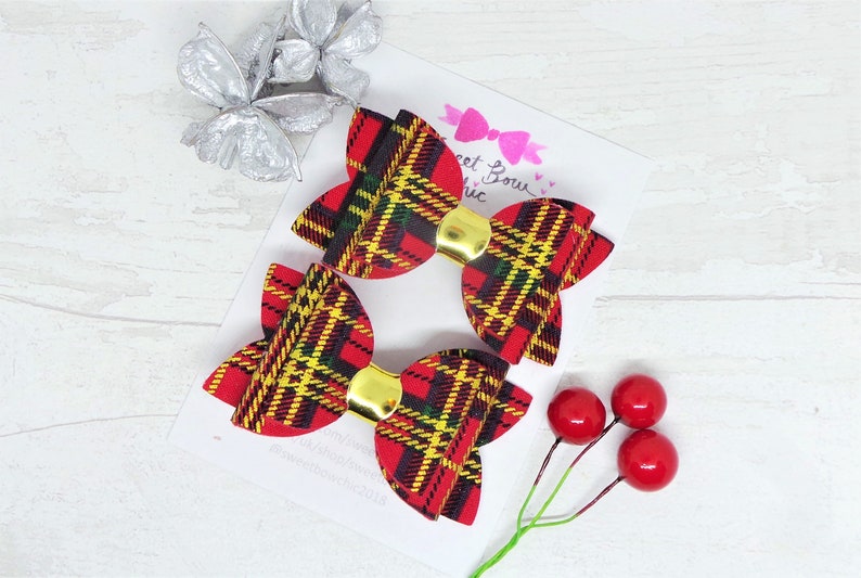 Stocking Filler Christmas Gift Kids Bows Party Outfit Red Tartan Pigtail Bows Toddler Bows Set of 2