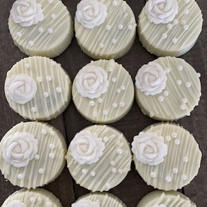 12 White Rose topped chocolate covered Oreos / bridal favors / wedding favors