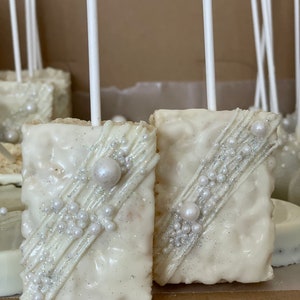 12 White bridal shower / wedding inspired chocolate covered rice crispy treats